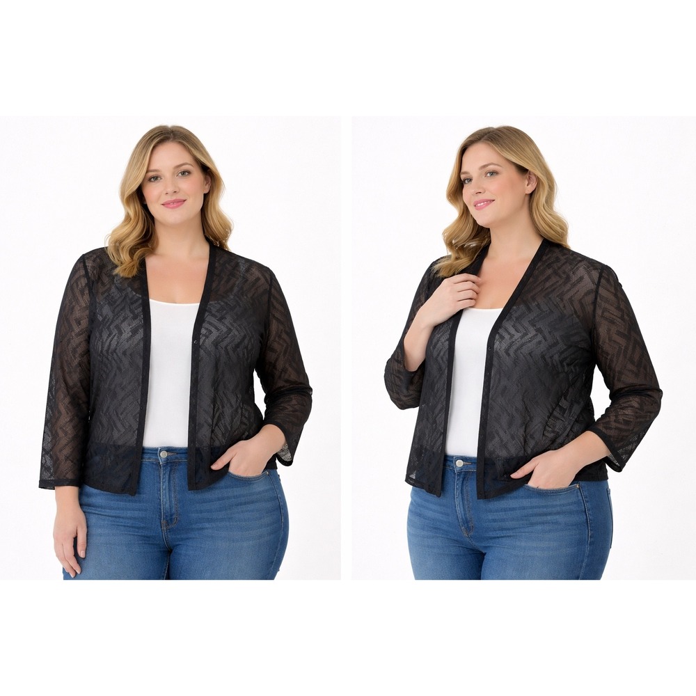 Anne Klein Blk Chevron Mesh Open Front Shrug Cardigan XL Long Sleeve Sheer Layer
